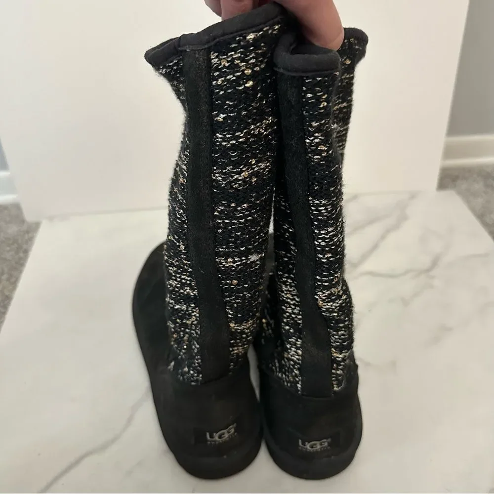 UGG Australia Black And White Camaya Knit Sequin Embellished Suede Boots Size 8
